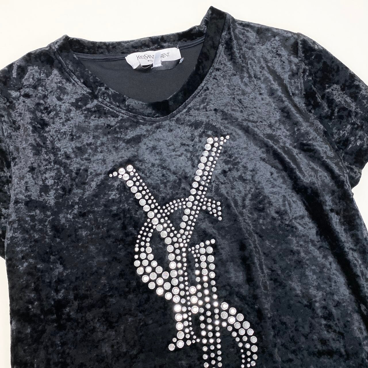 13f6 Yves Saint Laurent イヴサンローラン ラインストーン カサンドラ Tシャツ カットソー ベロア イタリア製 M ブラック レーヨン ポリエステル レディースo07t