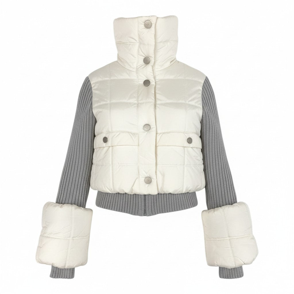 Cb15 CHANEL シャネル スポーツライン 2000 ニット切り替え 中綿ジャケット アウター ココマーク P16399 36 ホワイト グレー レディースta1