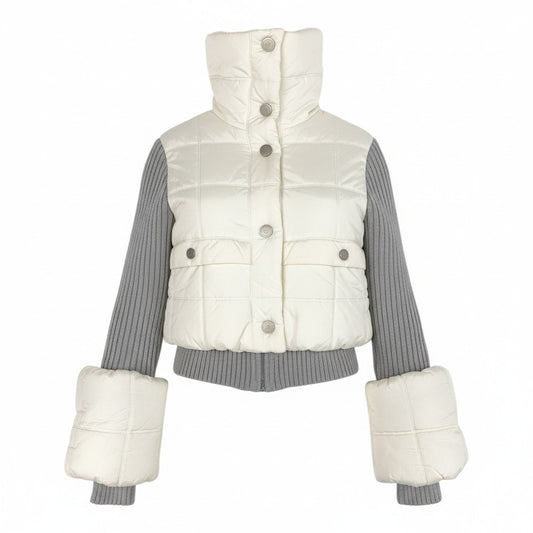 Cb15 CHANEL シャネル スポーツライン 2000 ニット切り替え 中綿ジャケット アウター ココマーク P16399 36 ホワイト グレー レディースta1