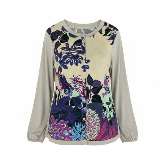 64k19 TOKUKO 1er VOL トクコプルミエヴォル ロングスリーブカーディガン ジャケット 花柄プリント くるみボタン レディース 女性用 9 グレージュu02t