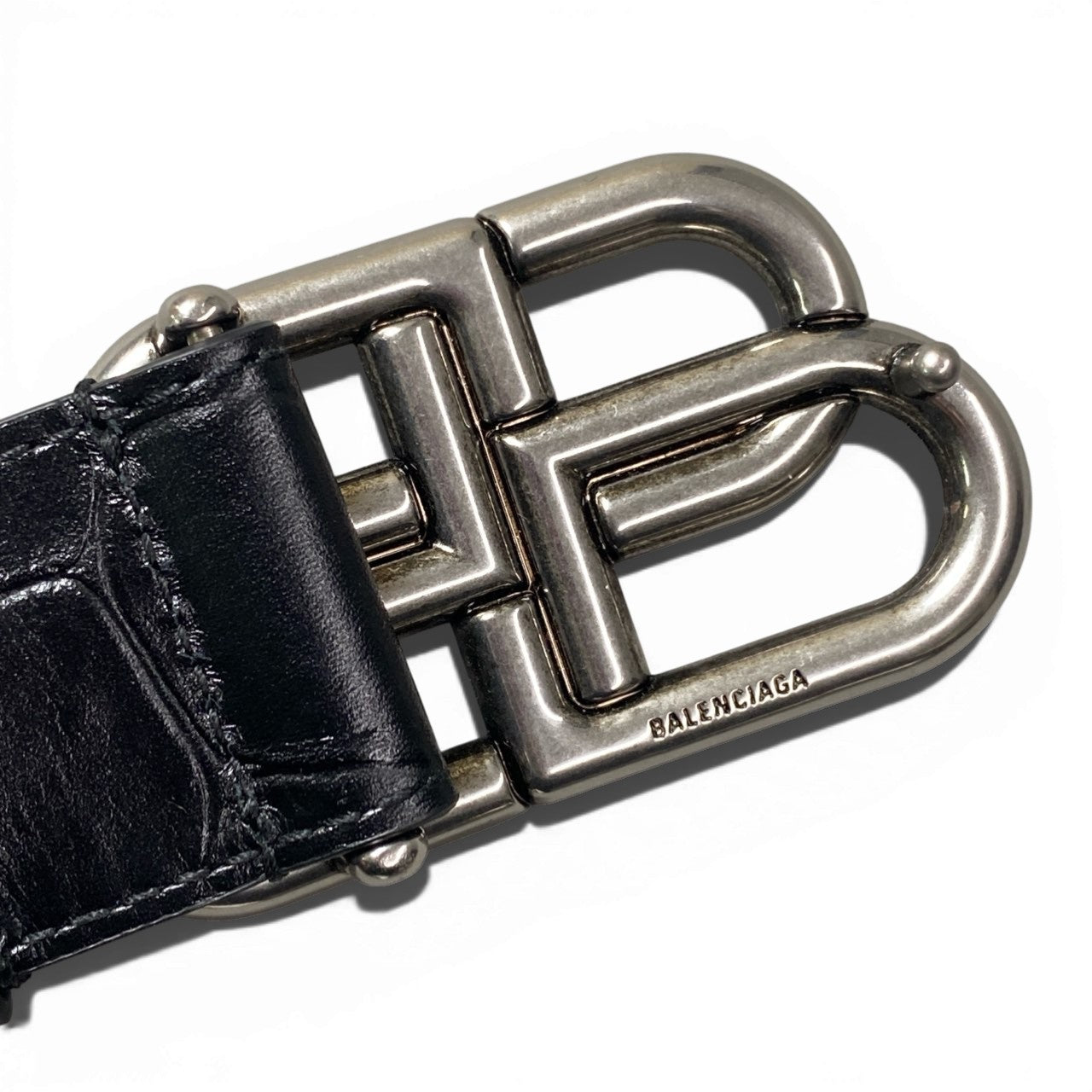c4 《極美品》 BALENCIAGA バレンシアガ BB ラージロゴ クロコ型押し ベルト BB Large Mock Croc Belt ブラック レザー 箱 保存袋有t18r