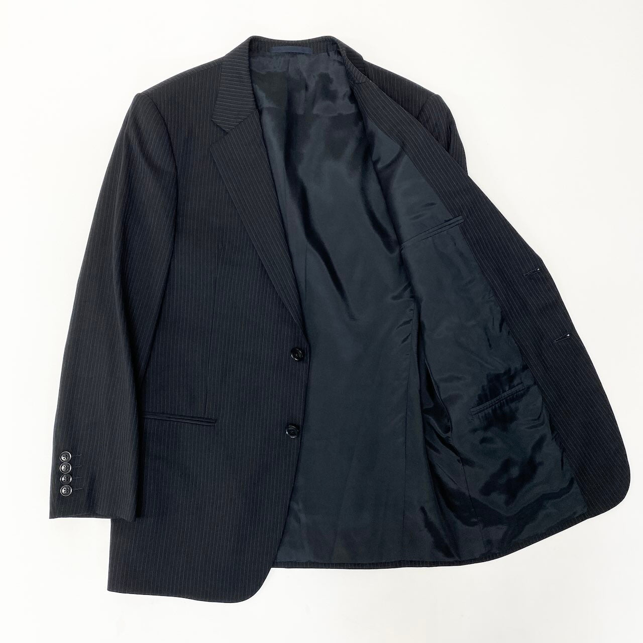 57d5 ARMANI COLLEZIONI アルマーニ コレツィオー二 シングルスーツセットアップ  テーラードジャケット スラックス ストライプ 52サイズ ブラック ウール100％ メンズ 男性用o07t