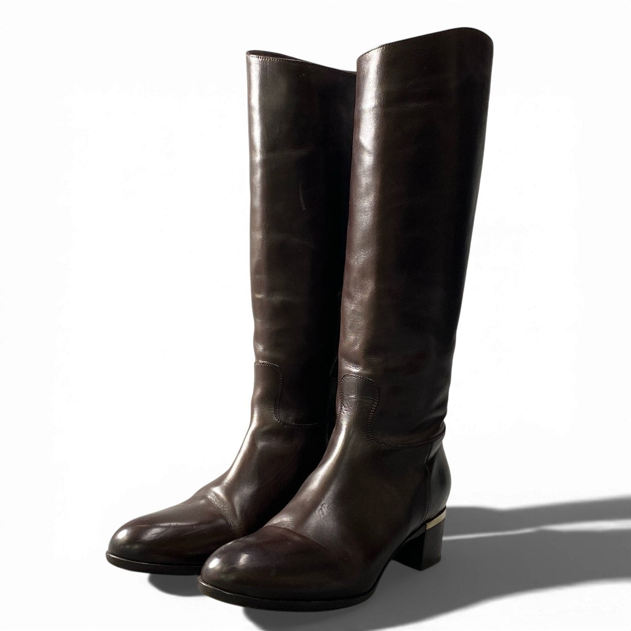 2a23 SARTORE サルトル ラウンドトゥ レザー ロングブーツ ミドルヒール サイドジップ イタリア製 レディース 女性用 サイズ38 ブラウン leatheru02t