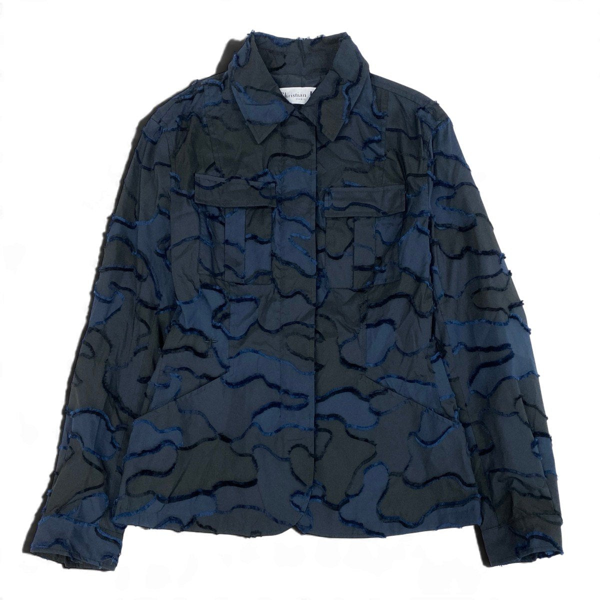 j13 【美品】Christian Dior シャツジャケット カモフラージュ フリンジ 44サイズ ネイビー ポリエステル100％ レディース 女性用k02i