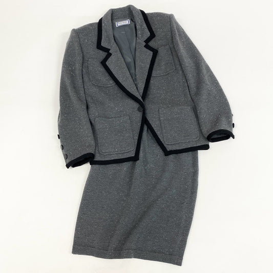 75i8 Yves Saint Laurent イヴサンローラン テーラードジャケット スカート セットアップ ニットジャケット ブレザー Mサイズ グレー ウール レディースo07t