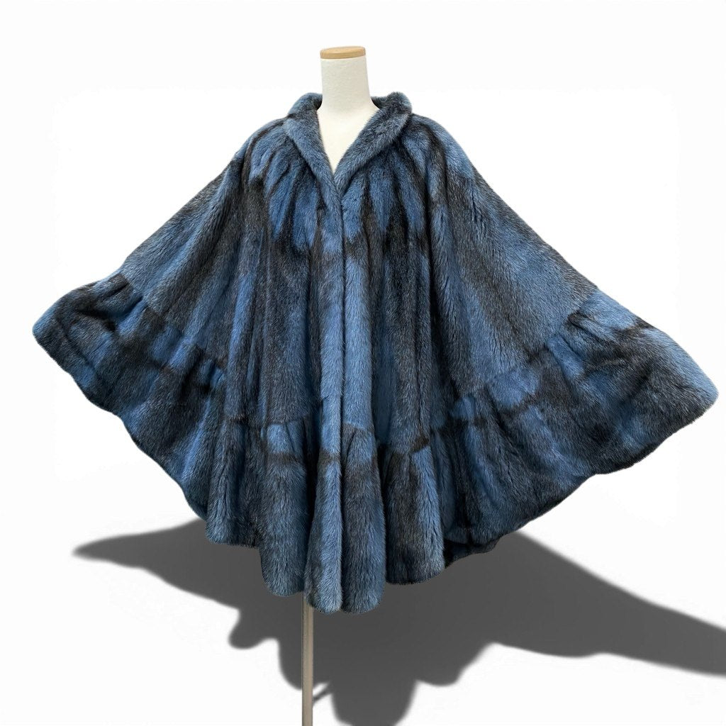 29l27《超希少》 染め クロスミンク ポンチョ型 ロングコート サイズF ブルー ブラック 最高級本毛皮 MINK FUR 毛並み◎t18r