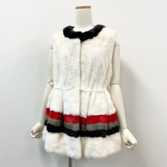 85k4 《希少》 Pellicce Moda ペリーチェモーダ パールミンク 染めデザイン ファーベスト ホワイト 最高級本毛皮 Aライン MINK FURt18r