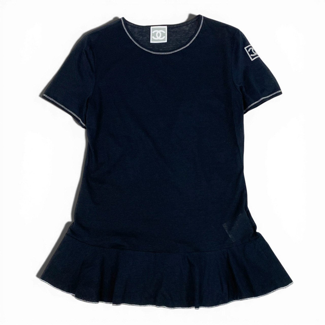 Cb15 CHANEL シャネル スポーツライン 2006 袖ココマーク 半袖カットソー Tシャツ トップス 38 ブラック コットン レディースta1