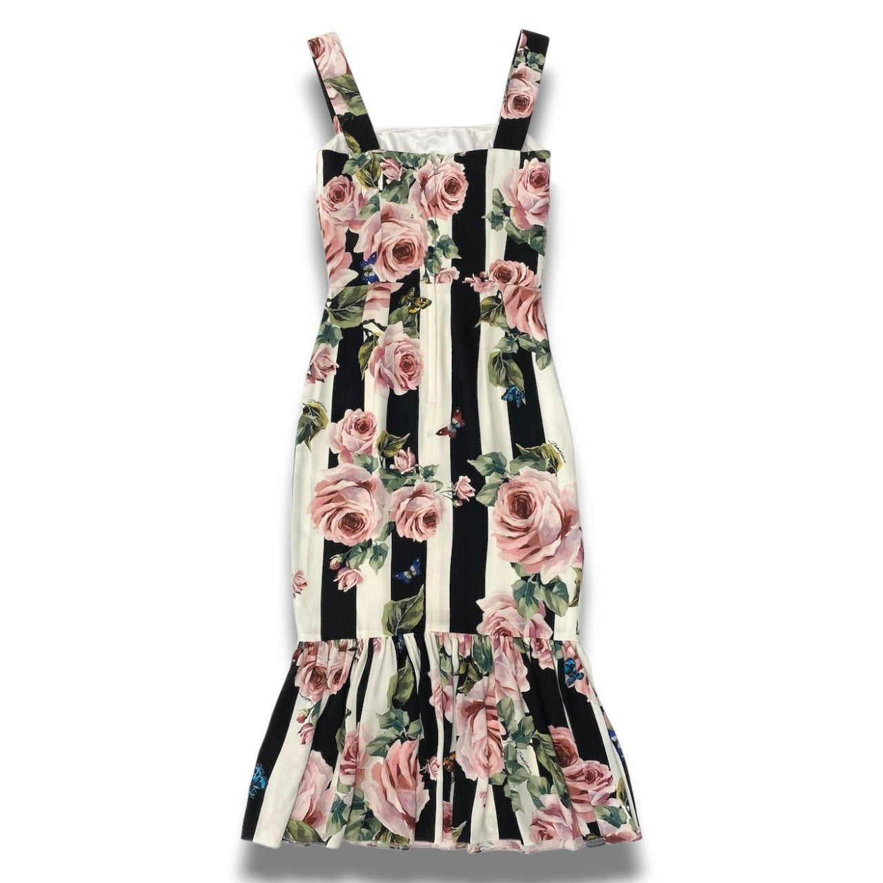 42c24 DOLCE＆GABBANA ドルチェアンドガッバーナ シルクロングドレスワンピース ノースリーブワンピース ストライプ 薔薇 蝶  36サイズ マルチカラー レディース 女性用o07t