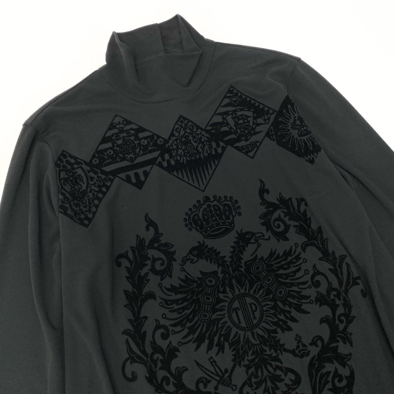 52b27 【美品】 TOKUKO 1er VOL トクコプルミエヴォル チュニックワンピース ロングスリーブ モックネック フロッキー柄 レディース 女性服 サイズ9 ブラックu02t