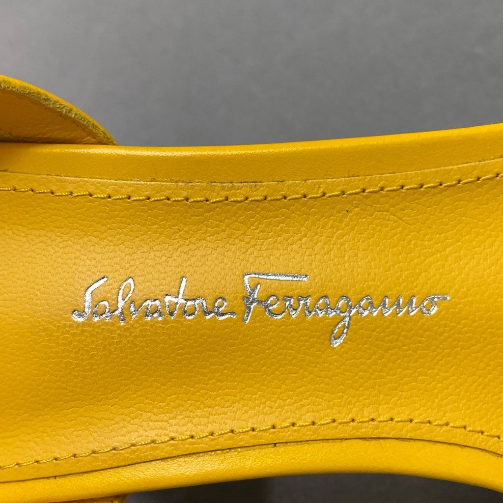 1e10 《美品》 Salvatore Ferragamo サルヴァトーレ フェラガモ ミラーヒール アンクルストラップ サンダル 6 1/2 イエロー レザー シューズ 箱付き 夏