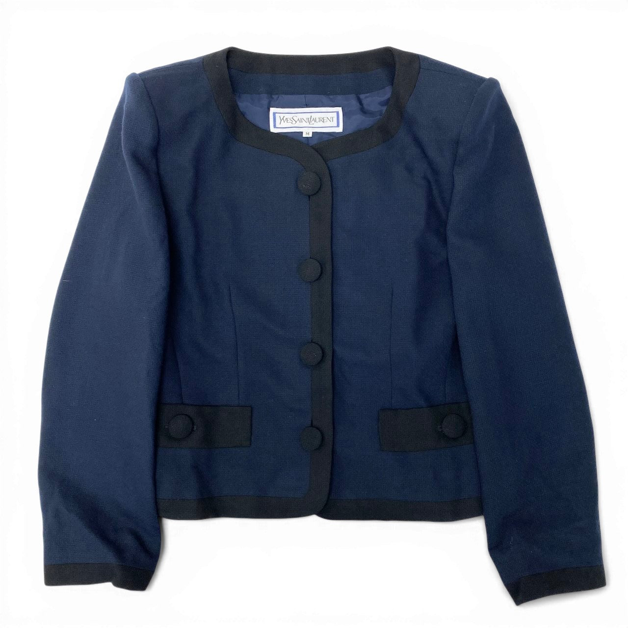 62c30 【新品保管品】Yves Saint Laurent イヴサンローラン スカートセットアップ ジャケット タイトスカート バイカラー Mサイズ ネイビー ブラック ウール100％ レディース 女性用u02t