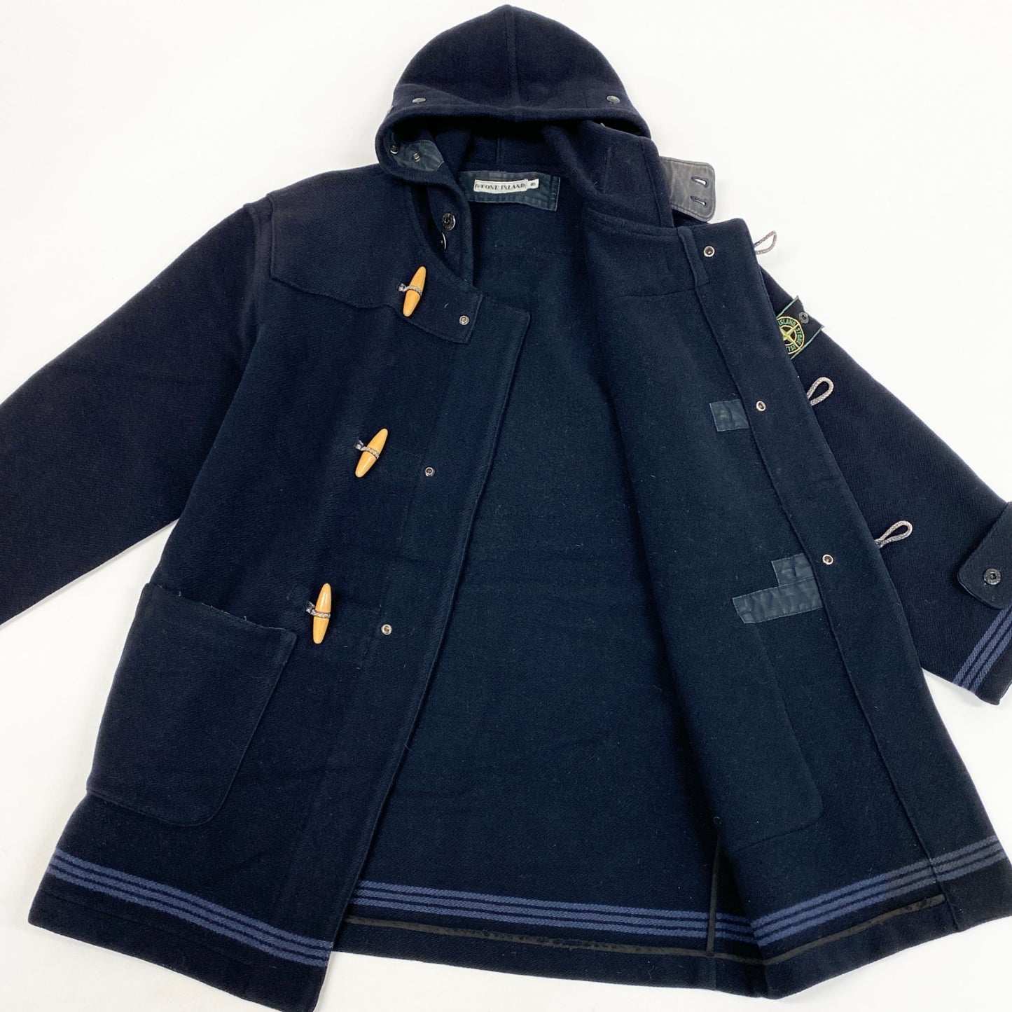 85l20 STONE ISLAND ストーンアイランド 90s ダッフルコート モンゴメリーコート アウター グリーンエッジ 腕章 S ネイビー ウール メンズ アーカイブ マッシモオスティk02i