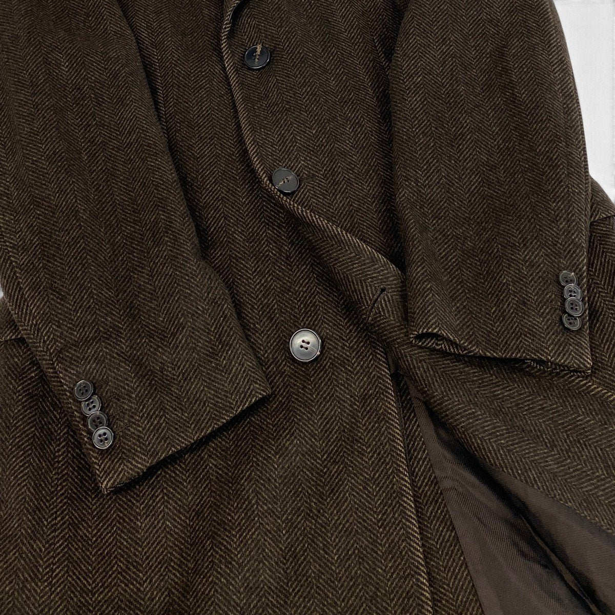 32j14 Zegna ゼニア ロングチェスターコート ウールコート ヘリンボーン アウター 48Rサイズ ブラウン ウール100％ メンズ 男性用u02t