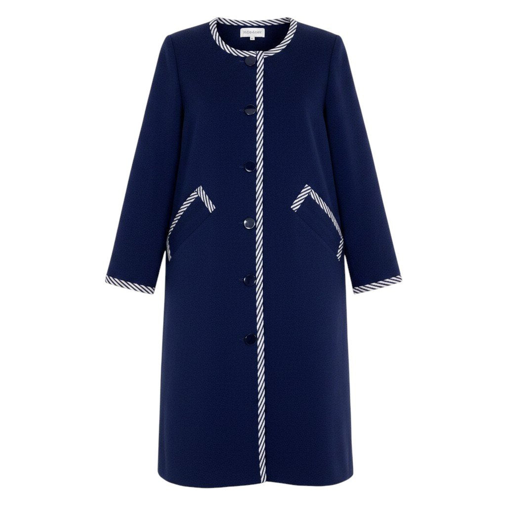 Eg11 YVES SAINT LAURENT イヴサンローラン ノーカラー ニットコート ストライプ柄 サイズL ネイビー レディースo07t