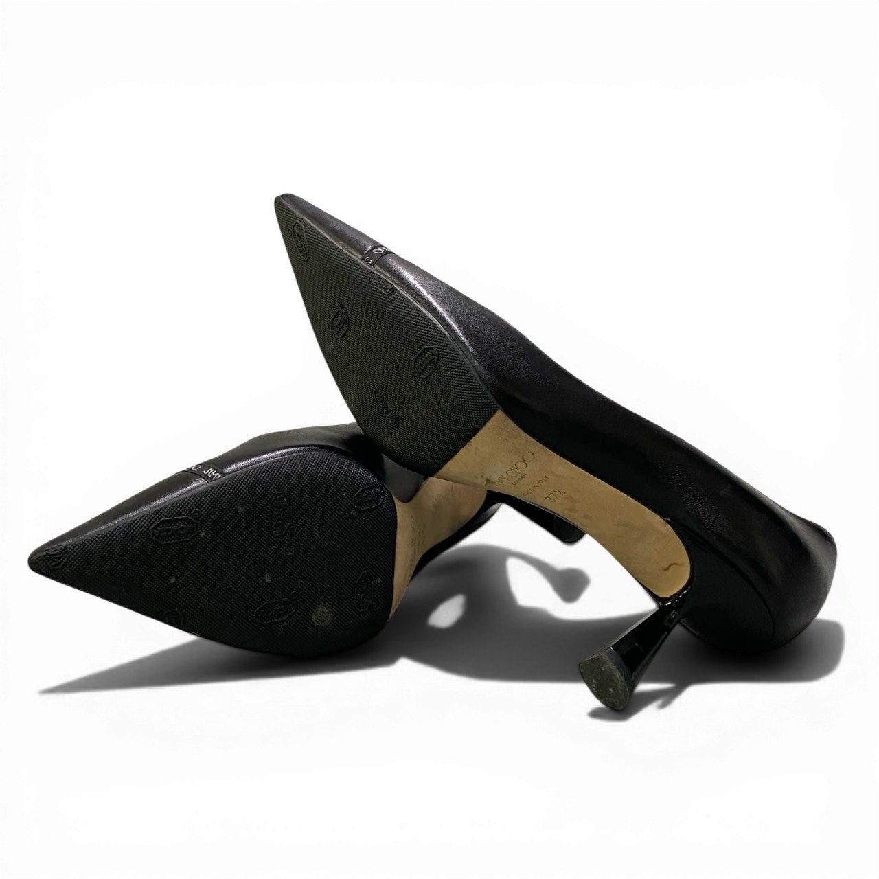 2c24 JIMMY CHOO ジミーチュウ ロゴテープ ポインテッドトゥ パンプス シューズ 37.5 ブラック レザー イタリア製u02t