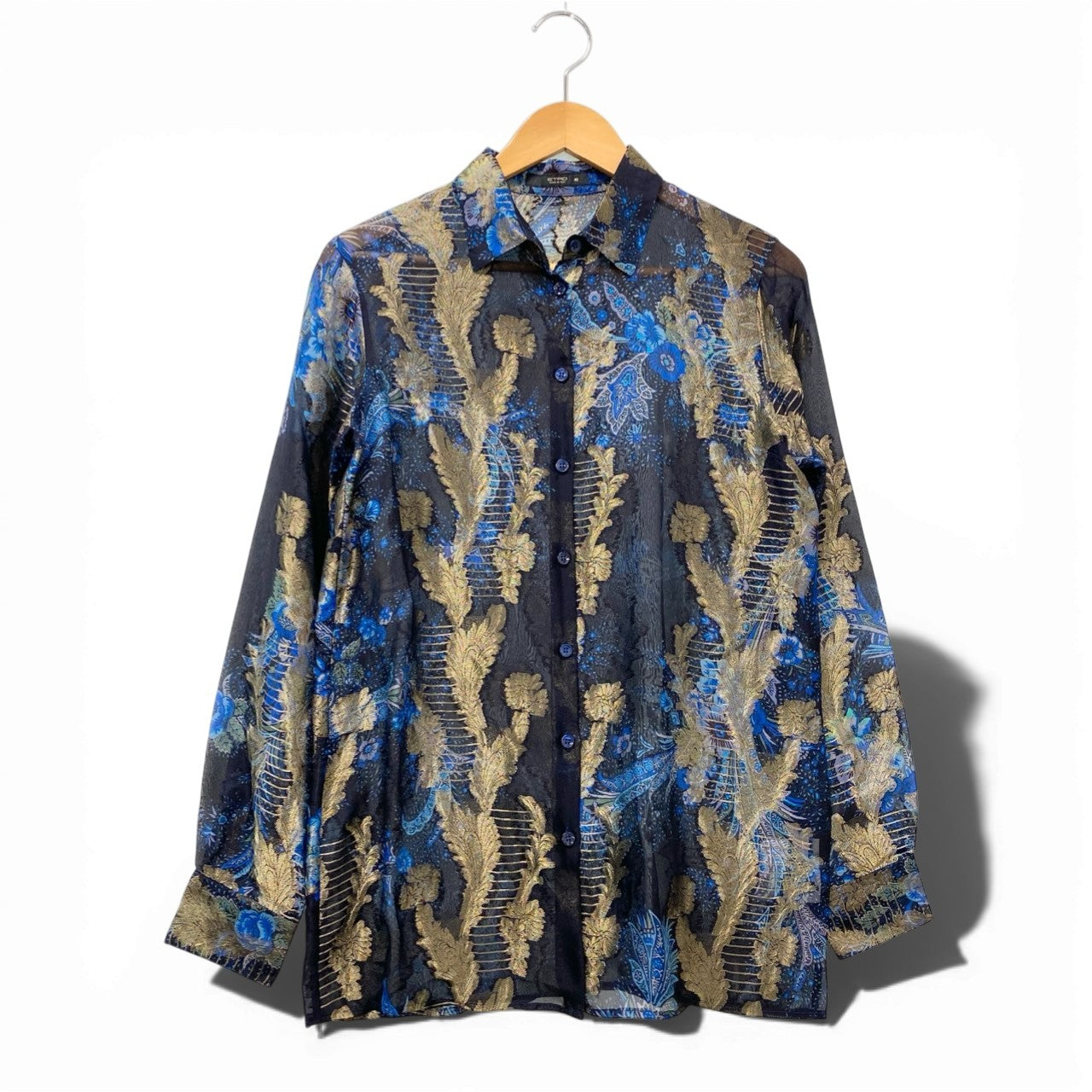 44b18 ETRO エトロ ロングスリーブ シアーシャツ 美しい花柄プリント ゴールド刺繍 シルクブレンド イタリア製 レディース 女性用 サイズ42 ネイビーu02t