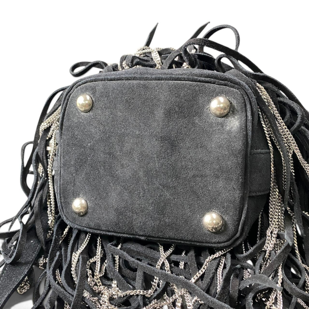 h21 SAINT LAURENT サンローラン フリンジ×チェーン バケットバッグ Fringe × Chain Bucket Shoulder Bag Black Leathert18r