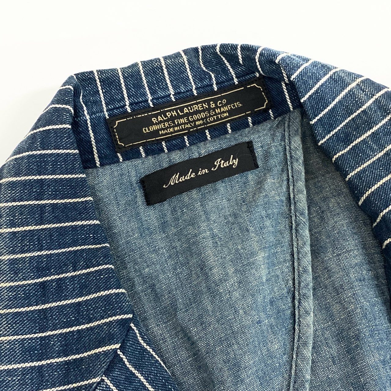 43f25 【イタリア製】POLO by RALPH LAUREN ポロバイラルフローレン 希少モデル インディゴ ヒッコリーストライプ テーラードジャケット ピークドラペル サイズ42 メンズ ドレスジャケットk02i