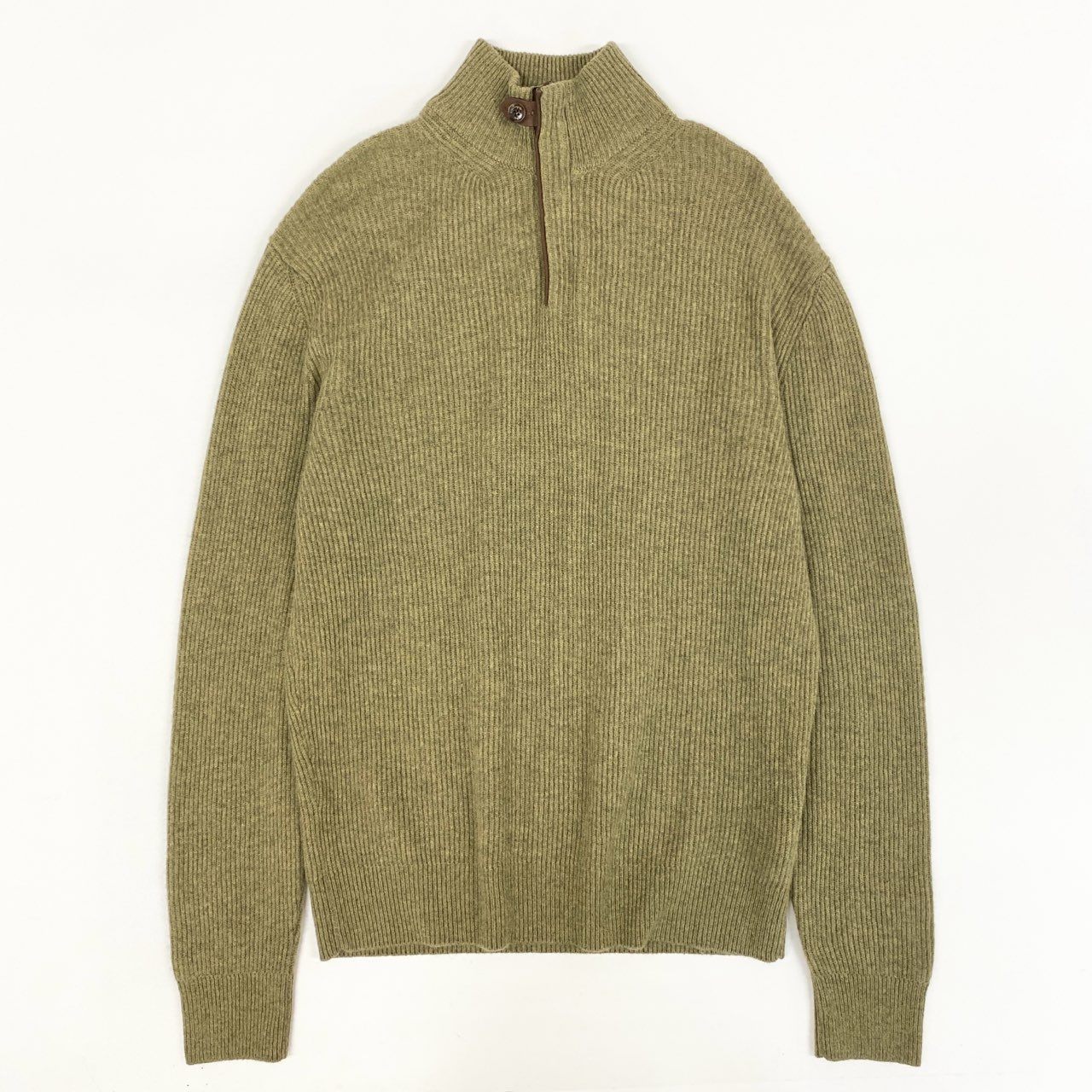 5i12 《美品》 Ermenegildo Zegna エルメネジルドゼニア ハイネック ニット セーター トップス レザーチンストラップ 48/S グリーン カシミヤ メンズu02t