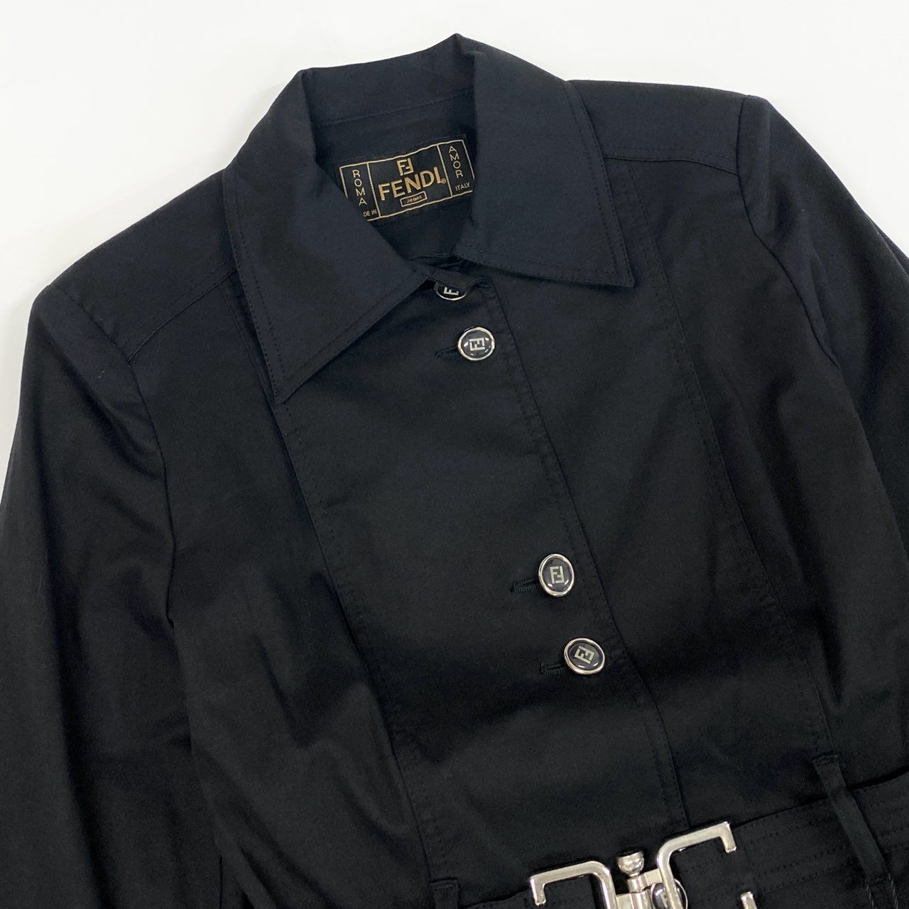 Ed10 【デッドストック】 Vintage FENDI フェンディ ベルテッドコート 薄手ジャケット FFロゴボタン 42 ブラック コットンu02t