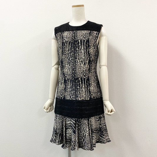 61g23 Giambattista Valli ジャンバティスタ ヴァリ イタリア製 レオパード柄 ツイード切替 ノースリーブワンピース ドレス 40 ブラック ベージュ系 レディース