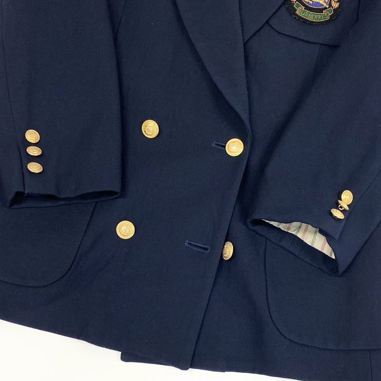 22a23 Burberrys バーバリーズ 紺ブレザー テーラードジャケット ダブルブレスト エンブレム ワッペン 9 ネイビー ウール レディースu02t