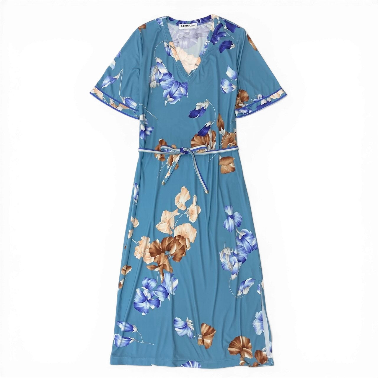 35d12 《美品》 LEONARD PARIS レオナール ショートスリーブワンピース ロングワンピース 美しい花柄プリント Vネック サイズ38 ブルー系 ナイロン100％ レディース 女性用u02t