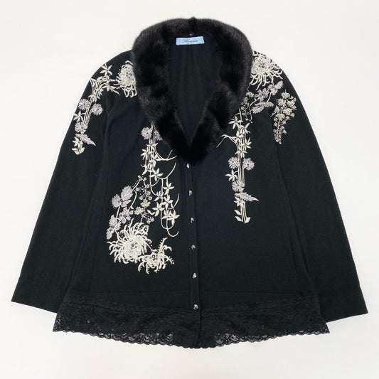 65j9 Blumarine ブルマリン ニットカーディガン ニットセーター 刺繍 ラインストーン レース ファー着脱可 ブラック レディースo07t