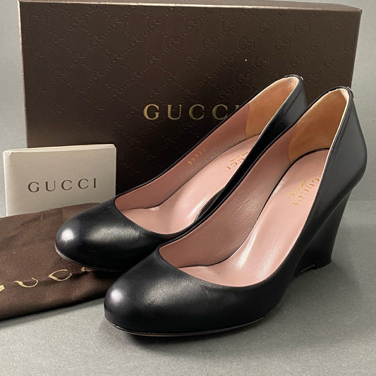 1d16 《美品》 GUCCI グッチ GGロゴ ウェッジソール パンプス 36 ブラック レザー シューズ イタリア製 箱有