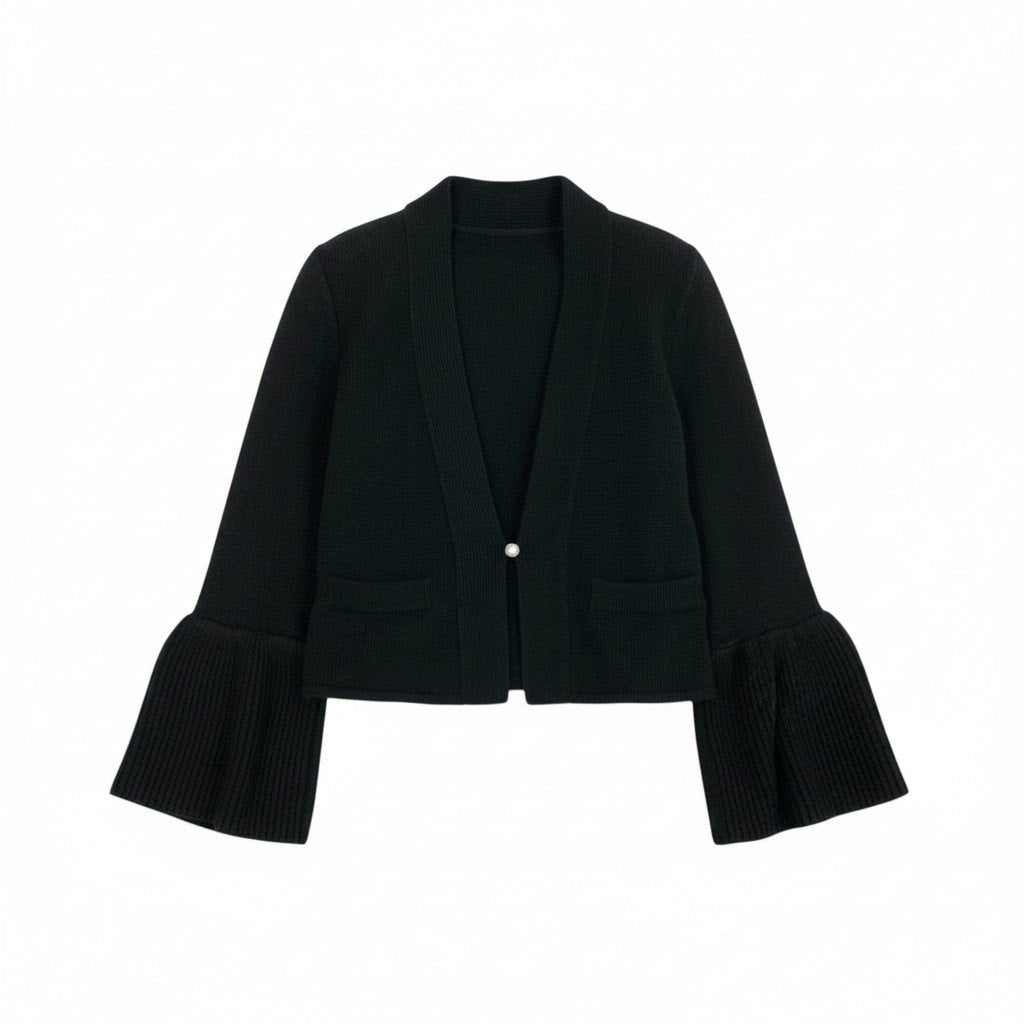 68L11 FOXEY フォクシー Pointelle Flare Cardigan ポインテルフレアカーディガン ニット トップス パールボタン 36534 38 ブラック カシミヤ100 レディースu02t