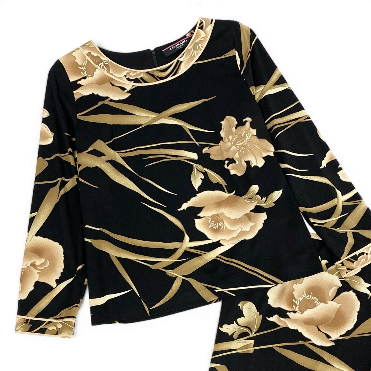 60d13 LEONARD FASHION レオナール セットアップスカート 美しい花柄プリント カンカン素材 長袖カットソー 膝丈スカート LL ブラック レディース 女性用o07t