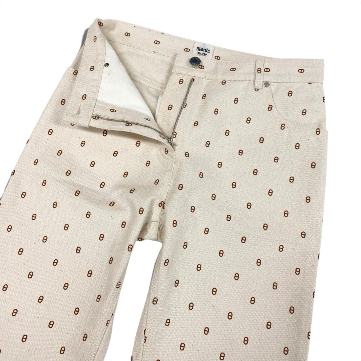 Ij15 【未使用タグ付】 Hermès エルメス シェーヌダンクル セリエボタン カラーパンツ サイズ34 アイボリー レディースo07t
