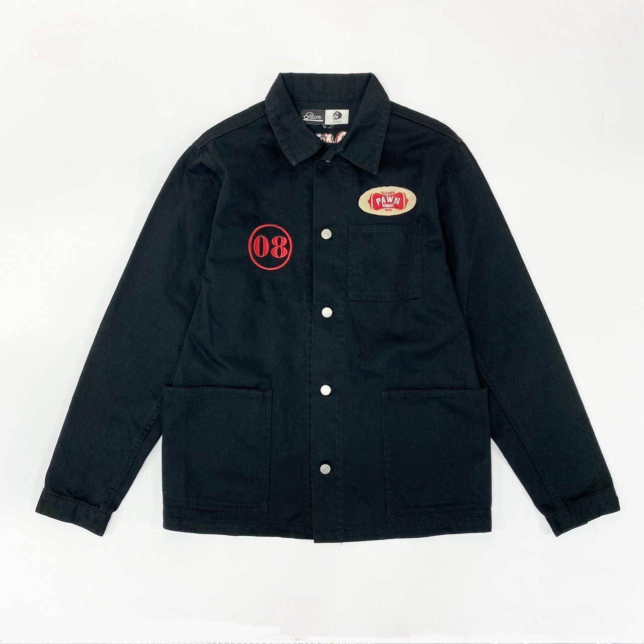 14j10 PAWN NOMADS パウン シャツジャケット カバーオール ワークジャケット ワッペン Lサイズ ブラック メンズo07t