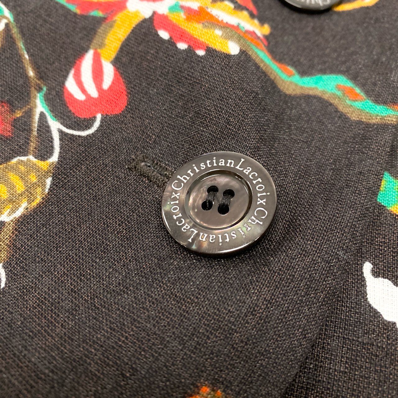 4k23 Christian Lacroix クリスチャンラクロワ セットアップスカート ダブルブレストジャケット フレアスカート 総柄 フェルトワッペン リネン混 レディース  42 ブラウンu02t
