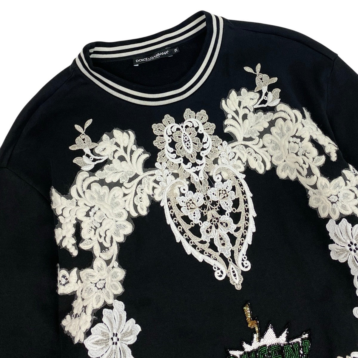 Hh11 【美品】DOLCE&GABBANA レース ビーズ 刺繍 スウェット トップス イタリア製 38サイズ ブラック レディース 女性用k02i