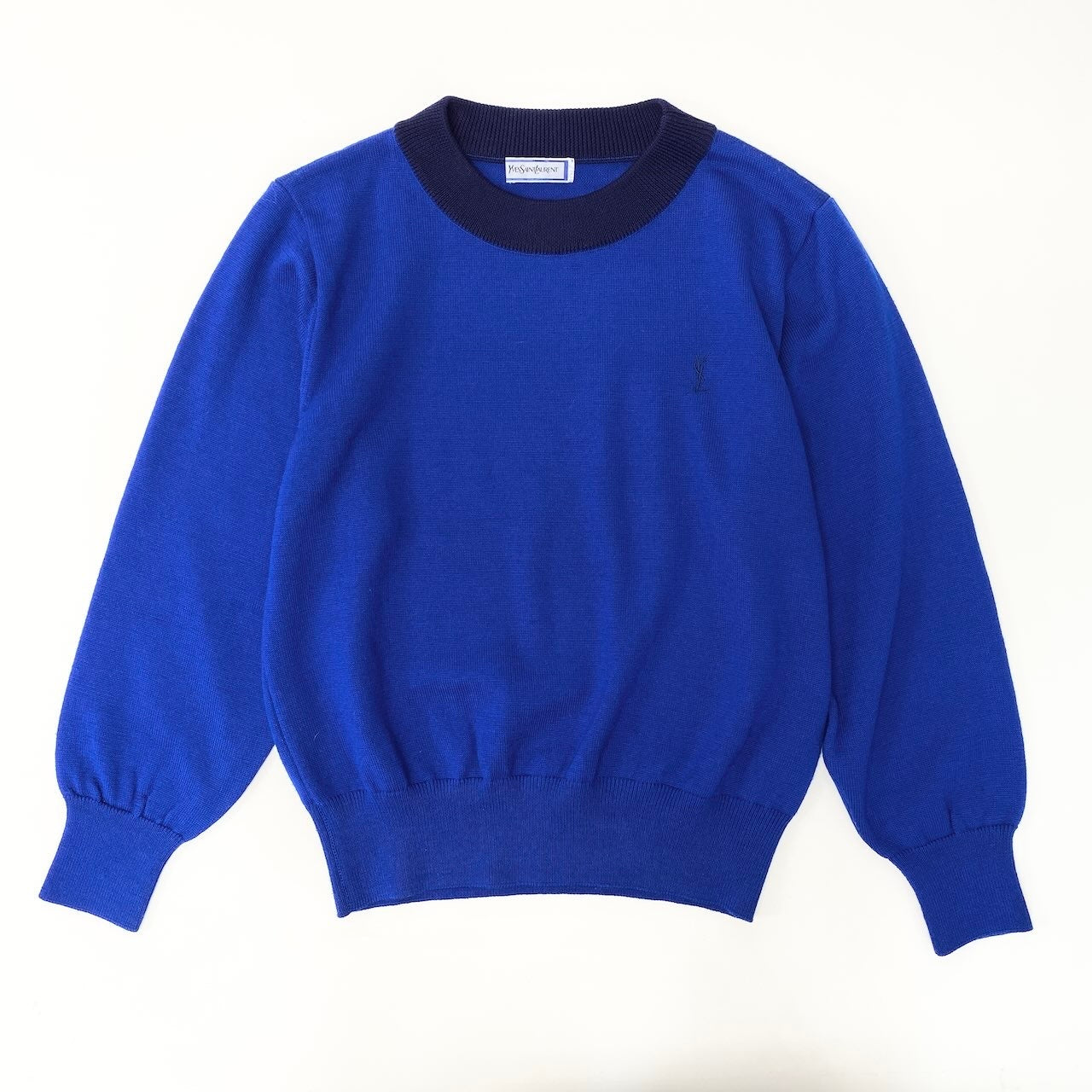 14f15 YVES SAINT LAURENT イヴサンローラン YSLロゴ ロングスリーブ ニットセーター リブネック バイカラー サイズＭ ブルー ネイビー ウール100％ レディース 女性用u02t