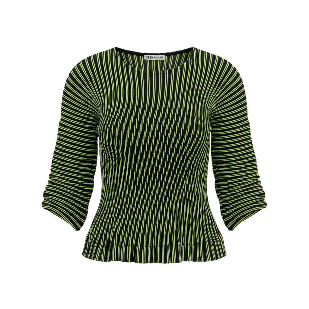 Ah28 ISSEY MIYAKE イッセイミヤケ ロングスリーブ プリーツカットソー ボーダー柄 IM74FJ500 サイズ2 マルチカラー ポリエステル レディースo07t