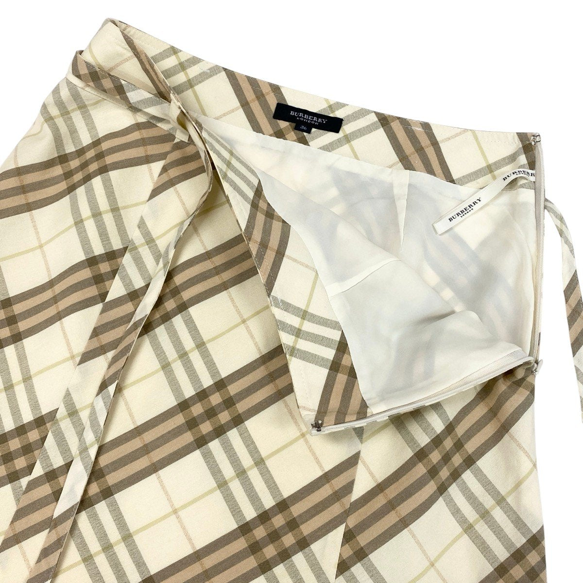 Ig19 BURBERRY LONDON バーバリーロンドン ノバチェック ウエストリボン 台形スカート サイズ36 アイボリー ベージュ系 レディースo07t