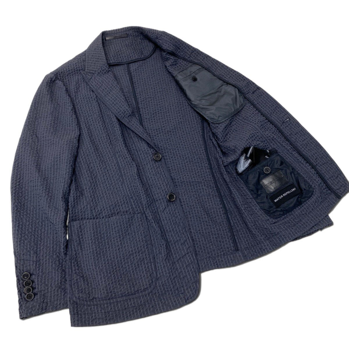 45j8 GIORGIO ARMANI ジョルジオアルマーニ レザータグ 撥水 本切羽 テーラードジャケット ブレザー サイズ48 グレーt18r