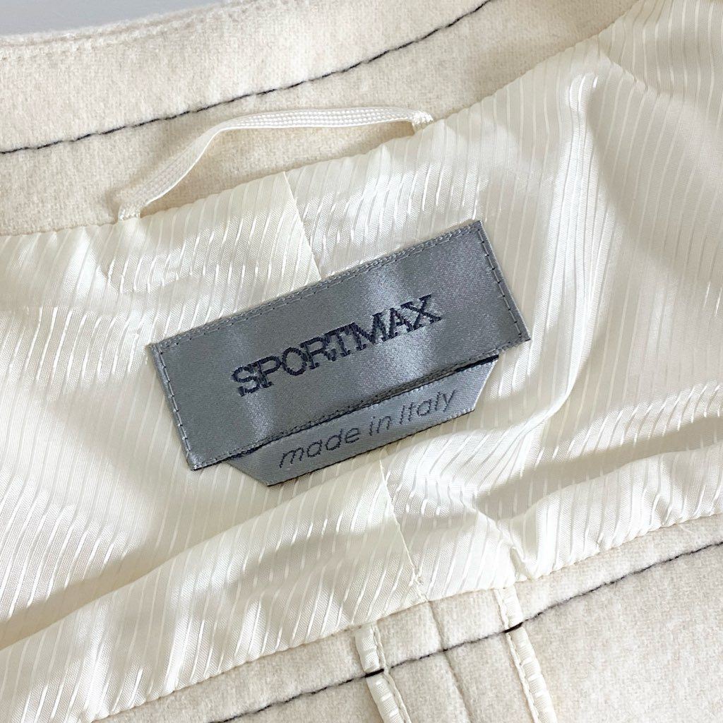 58e4 《美品》 MAX MARA SPORTMAX マックスマーラ スポーツマックス ラムウール ノーカラーステッチコート レザーコードベルト 38 アイボリーイタリア製 アウター