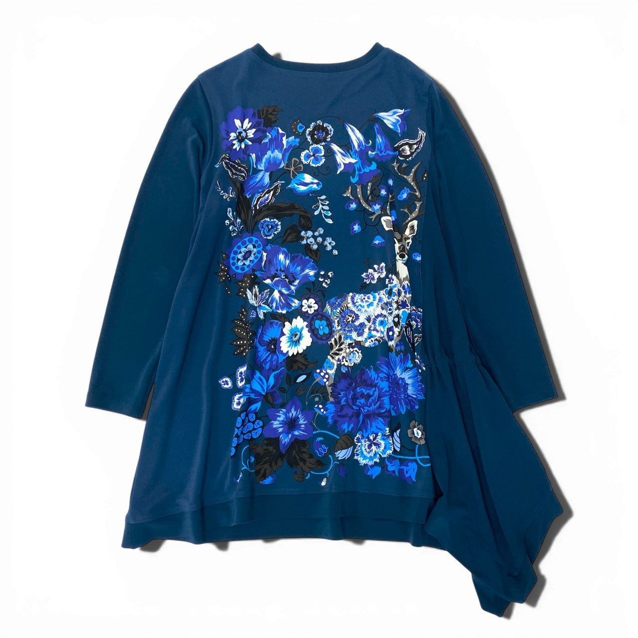 33c10 TOKUKO 1er VOL トクコプルミエヴォル ロングスリーブワンピース Aライン アシンメトリー アニマル 花柄プリント レディース 女性服 サイズ9 ネイビーu02t