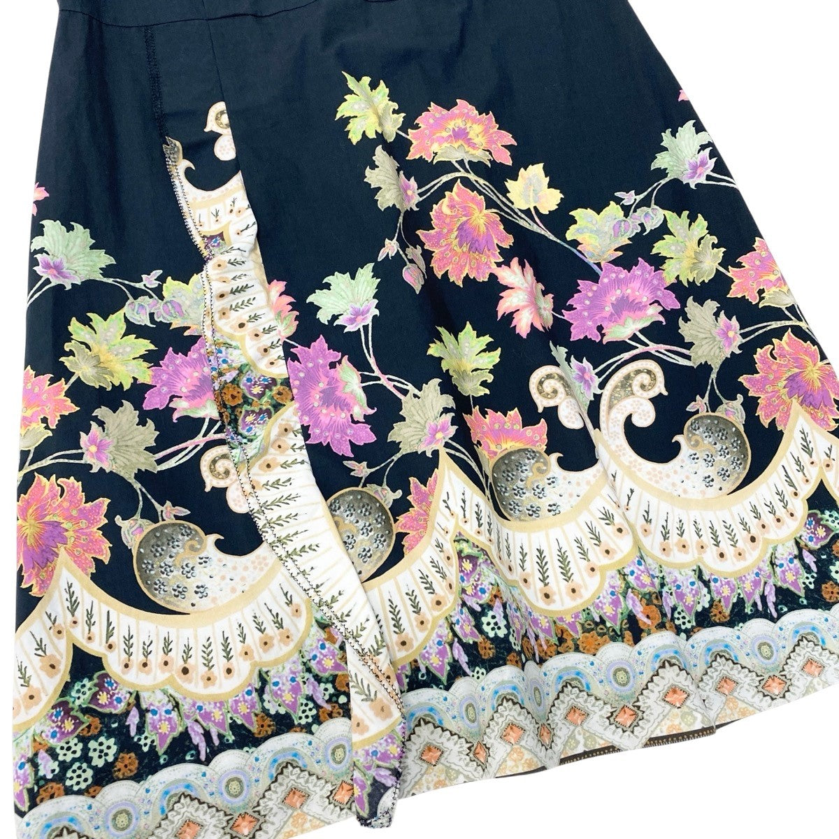 28f15 ETRO エトロ 花柄プリント 五分袖ワンピース ドレス 大きいサイズ 44 ブラック マルチカラー コットン レディースo07t