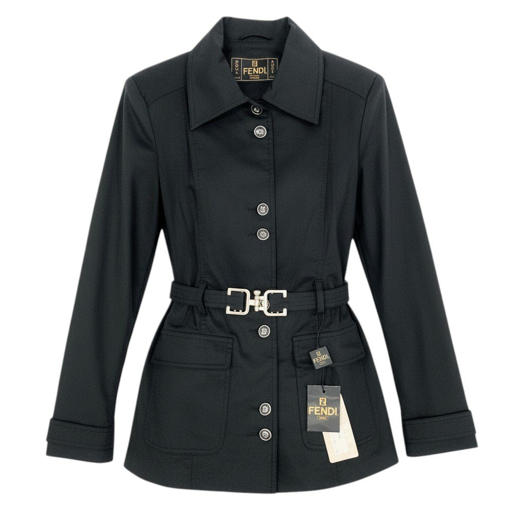 Ed10 【デッドストック】 Vintage FENDI フェンディ ベルテッドコート 薄手ジャケット FFロゴボタン 42 ブラック コットンu02t