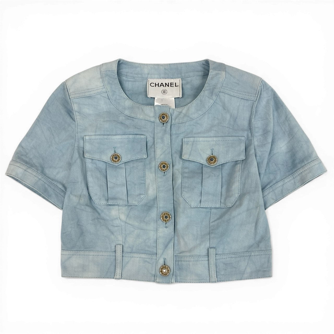 Cd6 CHANEL シャネル P40177 2018 グリポアボタン デニムジャケット クロップドジャケット サイズ38 ライトブルー レディースta1