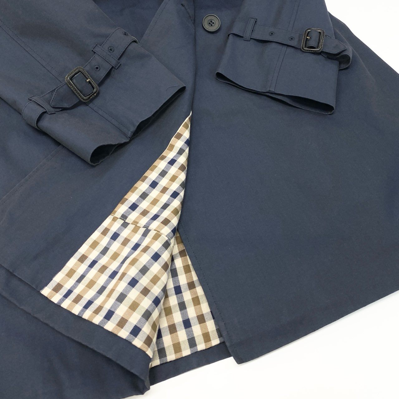 51Ⅼ2 Aquascutum OF LONDON アクアスキュータム 英国製 トレンチコート ロングコート 裏地チェック柄 メンズ 紳士服 ネイビー コットン100％u02t