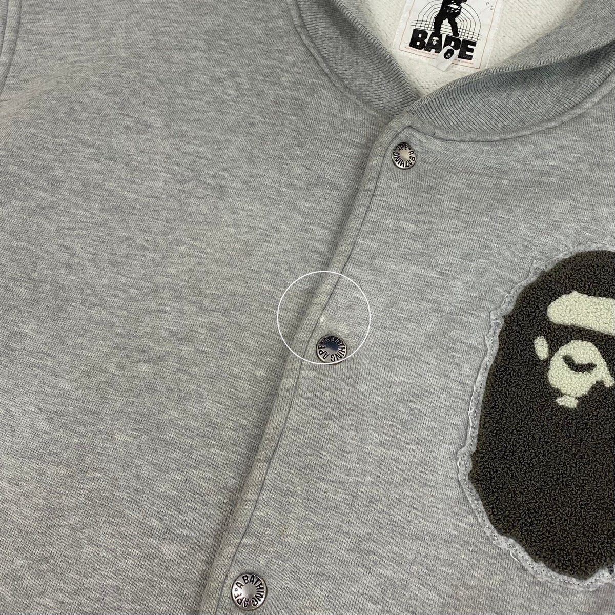 Mg19 A BATHING APE アベイシングエイプ NIGO期 00's スウェットスタジャン エイプヘッド ワッペンロゴ  XL グレー コットン100％ メンズu02t