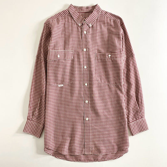 77d12 日本製 Papas パパス 長袖シャツ ボタンダウンシャツ チェックシャツ M レッド×ホワイト 絹 シルク100％ メンズ 紳士服