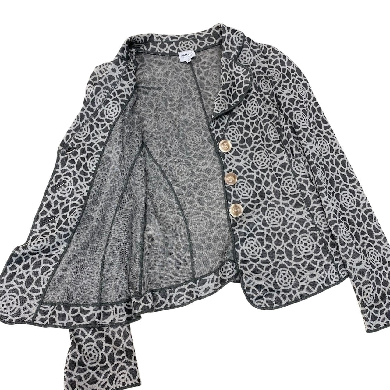 55h9 ARMANI COLLEZIONI アルマーニコレツィオーネ ニットジャケット ロングスリーブ カーディガン 総柄 サイズ38 グレー レディースu02t