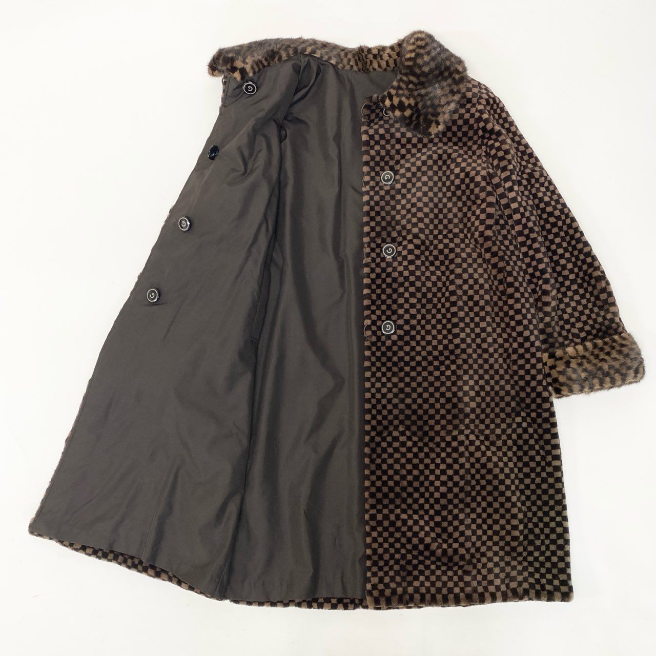 38c4 GRES グレ チェック柄 ミンクファー リバーシブル ロングコート サイズF 茶系 本毛皮 Mink Fur Reversible Long Coatt18r